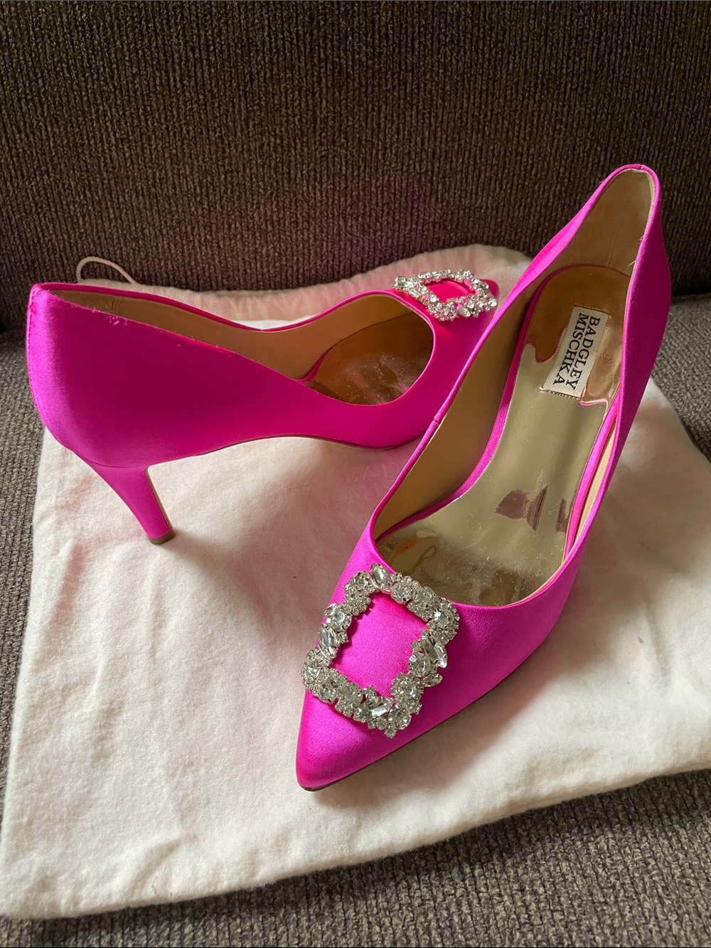 Badgley Mischka Hot Pink Satin Pointed Toe Crystal Buckle Pumps